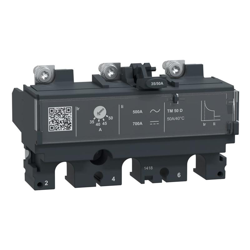 Schneider Electric trip unit TM50D for ComPacT NSX 100/160 circuit breakers, thermal magnetic, rating 50 A, 3 poles 3d, manufacturer catalog image