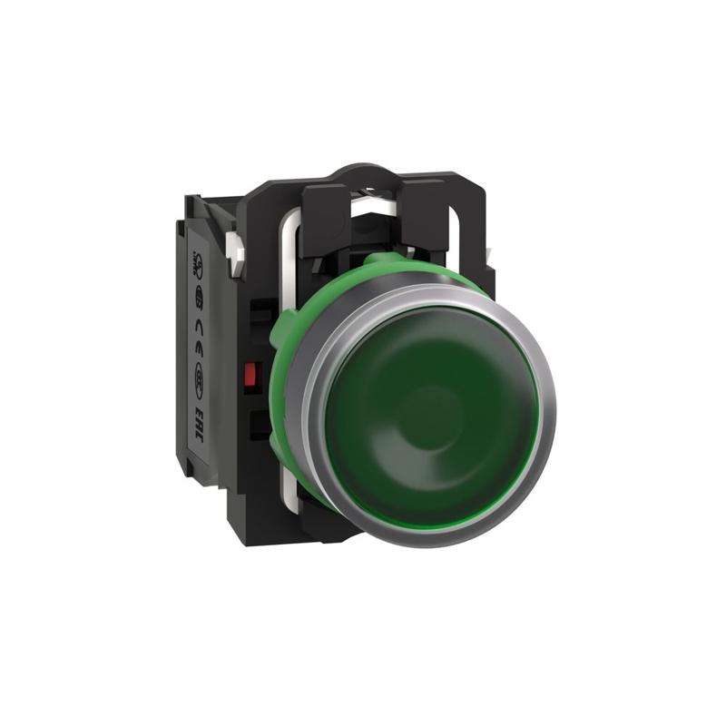 Schneider Electric Illuminated push button, plastic, flush, green, Ø22, spring return, 24 V AC/DC, 1 NO + 1 NC, manufacturer catalog image