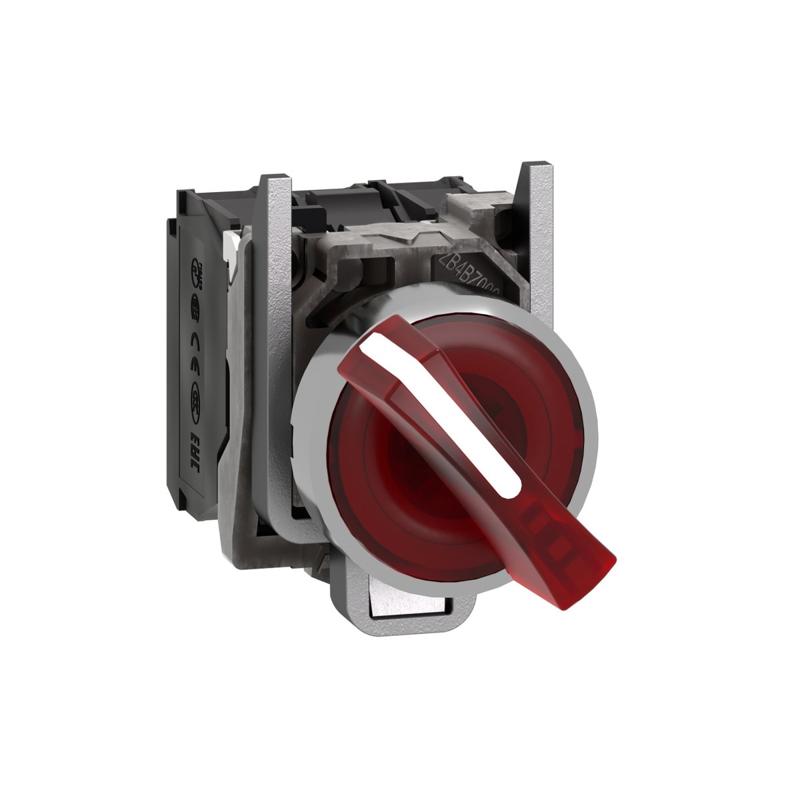 Schneider Electric Illuminated selector switch, Harmony XB4, metal, red handle, 22mm, universal LED, 2 positions, 1NO + 1NC, 230...240V AC, manufacturer catalog image