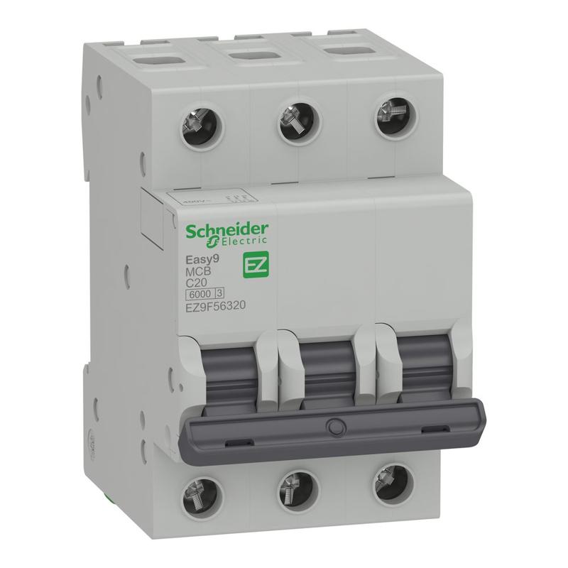 Schneider Electric Miniature circuit breaker (MCB), Easy9, 3P, 20A, C curve, 6000A (IEC/EN 60898-1), manufacturer catalog image