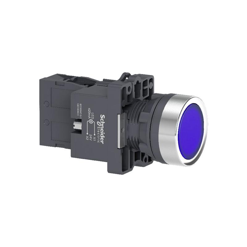 Schneider Electric blue flush complete illum push-button - Ø22 - flush - 24V AC/DC - 1NO, manufacturer catalog image