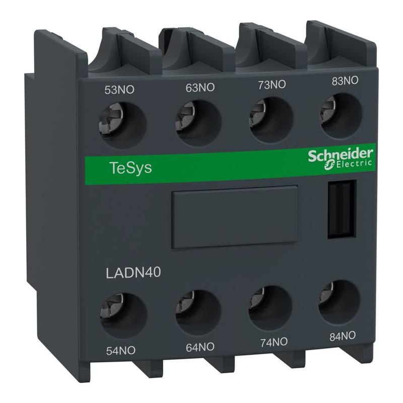 Schneider Electric Auxiliary contact block, TeSys D, 4NO, front mounting, screw clamp terminals, manufacturer catalog image