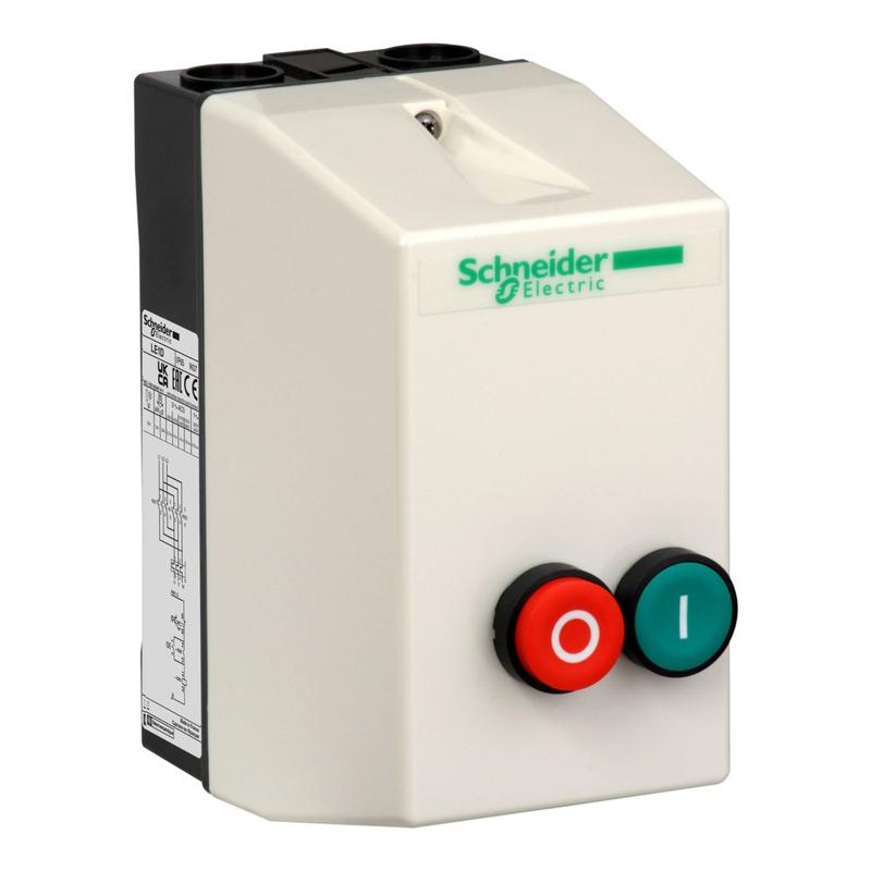 Schneider Electric Enclosed DOL starter, TeSys LE, 7.5kW at 400V, Ith: 17A, 400V AC coil, including 1 LC1D, 2 push-buttons, manufacturer catalog image