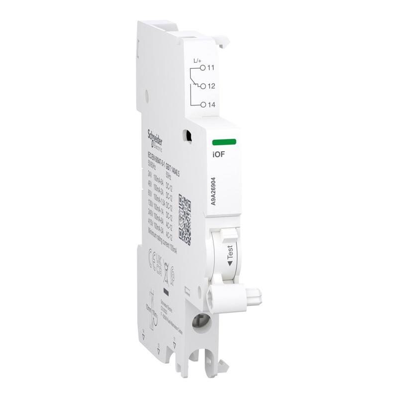 Schneider Electric Auxiliary contact, Acti9 A9A, iOF, 1 C/O, 100mA to 6A, 24VAC to 415VAC, 24-130 VDC, bottom connection, manufacturer catalog image
