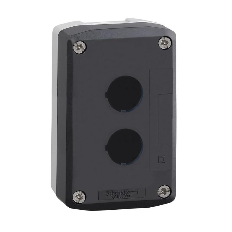 Schneider Electric Harmony XALD, XALK, Empty enclosure, plastic, dark grey lid, for push button Ø22, 2 cut-outs, manufacturer catalog image