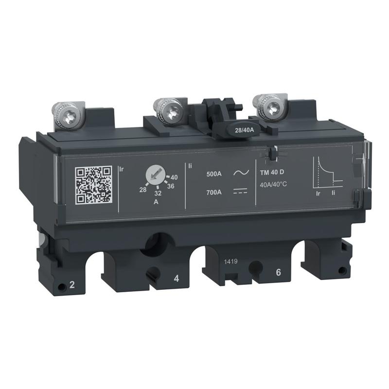 Schneider Electric trip unit TM40D for ComPacT NSX 100/160 circuit breakers, thermal magnetic, rating 40 A, 3 poles 3d, manufacturer catalog image