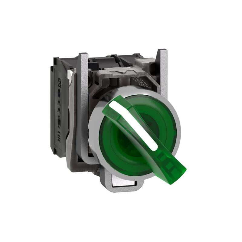 Schneider Electric Illuminated selector switch, metal, green, Ø22, 2 positions, stay put, 230...240 V AC, 1 NO + 1 NC, manufacturer catalog image