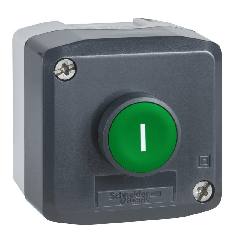 Schneider Electric Control station, plastic, dark grey lid, 1 green flush push button Ø22, spring return, marked I, 1 NO, manufacturer catalog image