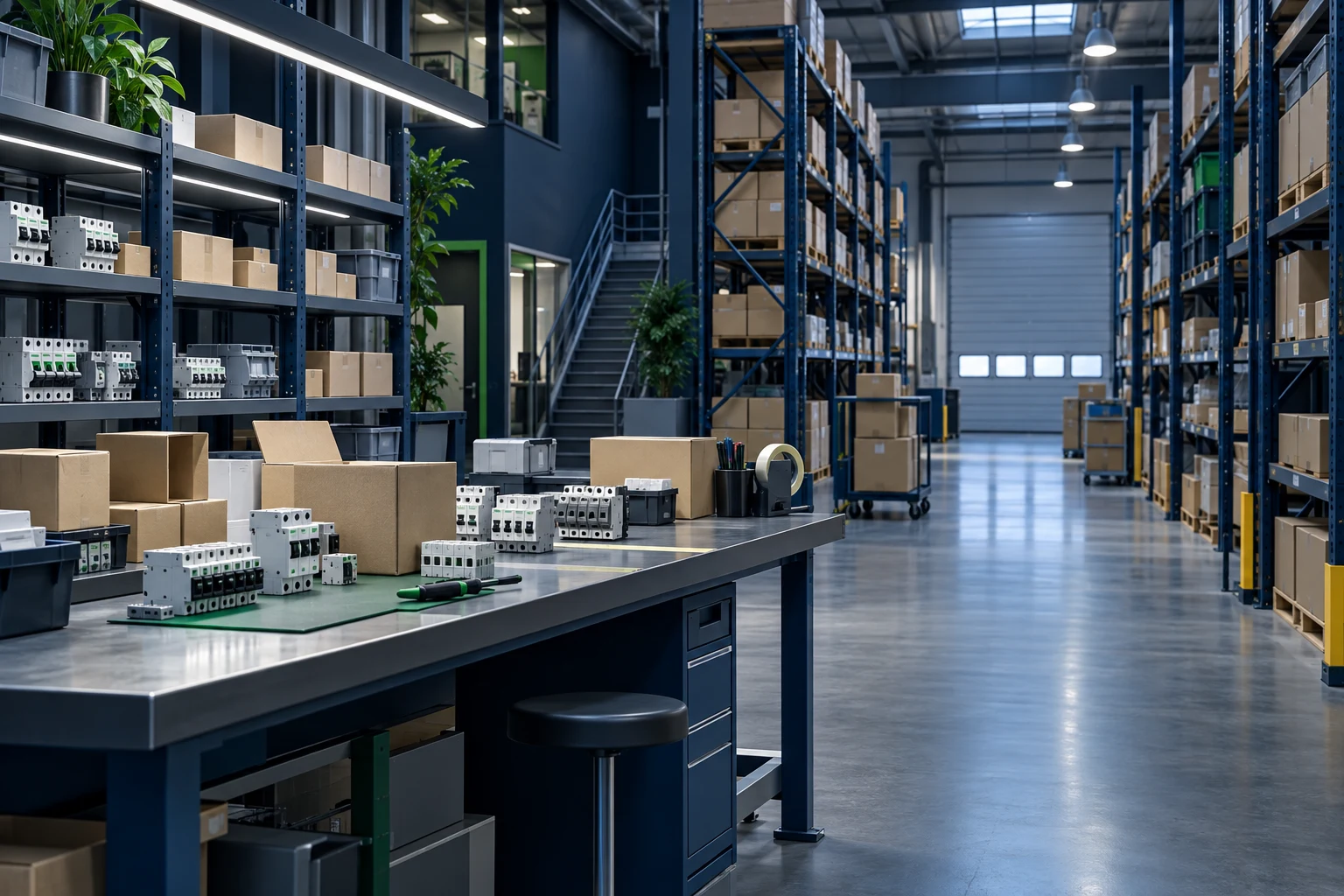 Illustrative electrical component warehouse with organized storage and a packing station